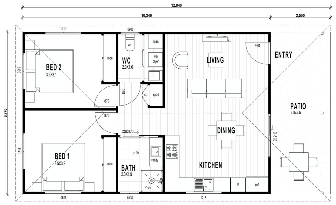 Moreton 70 — 2D coloured floor plan